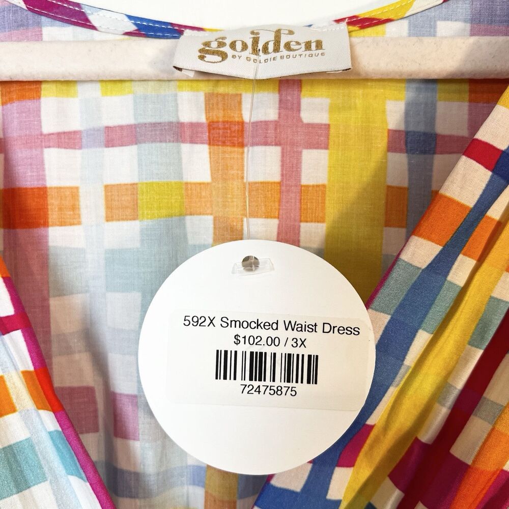 Plaid Midi Dress Colorful Stretch Smocked Waist Pink Yellow Blue NWT Sz 3X - Picture 12 of 16